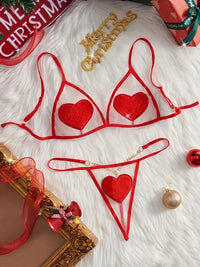 Free Shipping Valentine's Day New Red Love Funny Underwear 2pcs Set Bra Without Lining Low Waist See-through Thong Transparent Mesh Sexy Women's Underwear