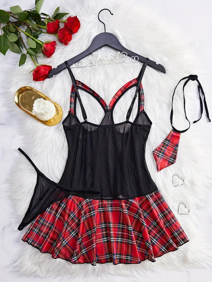 Free Shipping Sexy Colorblock Plaid Print Naughty Cosplay Dress - Open Bust Tie & Thong Women's Lingerie & Underwear for Music Festival