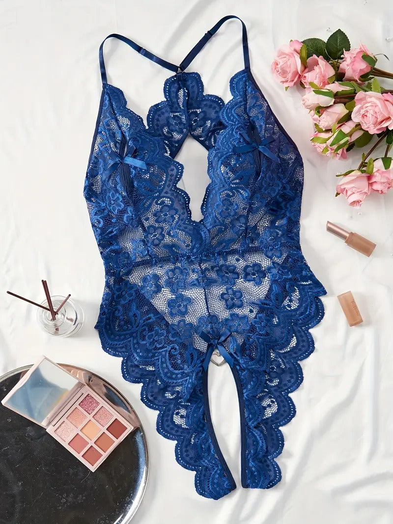 Free Shipping Floral Lace Scallop Trim Teddy, Deep V Backless Open Crotch Bodysuit, Women's Sexy Lingerie & Underwear