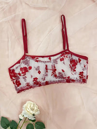 Free Shipping Floral Printed Tulle Sexy Lingerie Set, See-Through Bow Bra, Tempting Thong