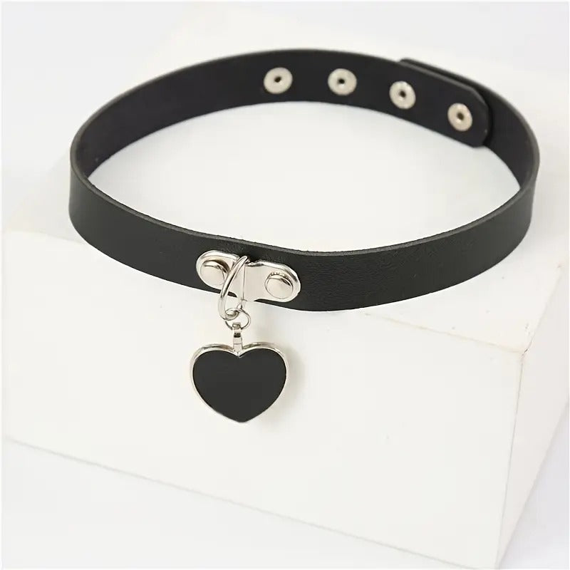 Free Shipping Black Leather Choker with Heart Pendant and Silver Chain - 42cm/16.5inch Circumference, 66cm/26inch Length - Adult Novelty Accessory