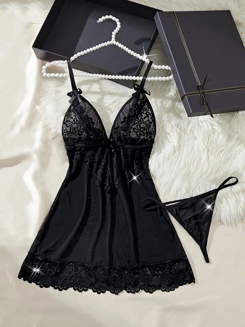 Free Shipping Solid Color Contrast 2pcs Lace Set - Backless Semi-transparent Nightdress & Thong - Women'S Sexy Lingerie & Underwear