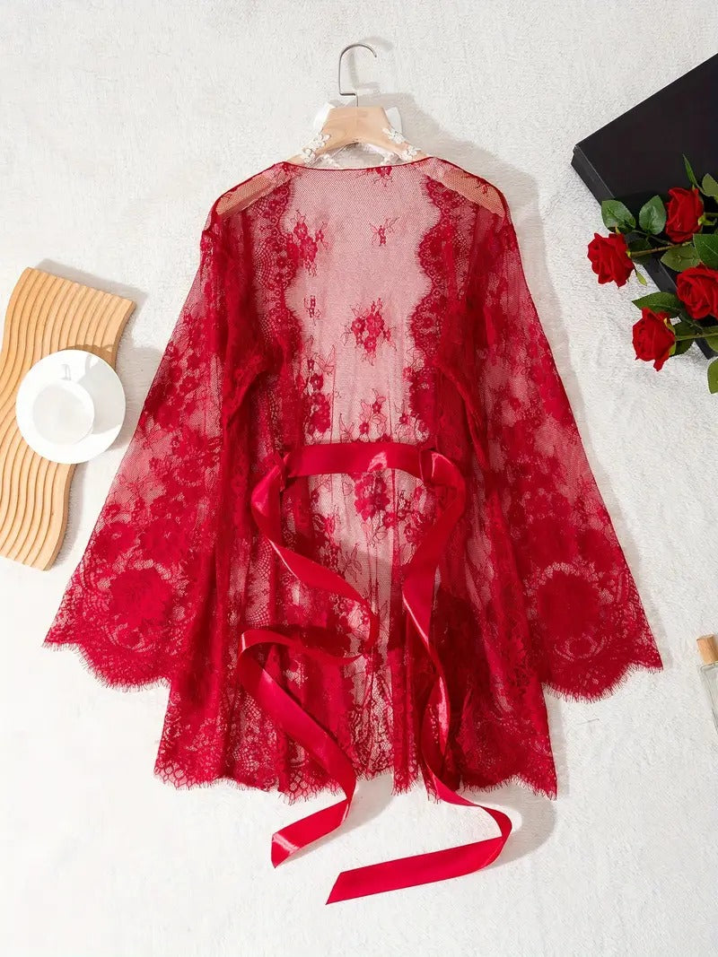 Free Shipping Seductive Red Lace Intimate Lady's Nightgown, Semi Sheer Tie Belt Elegant Long Sleeve Sleep Robe