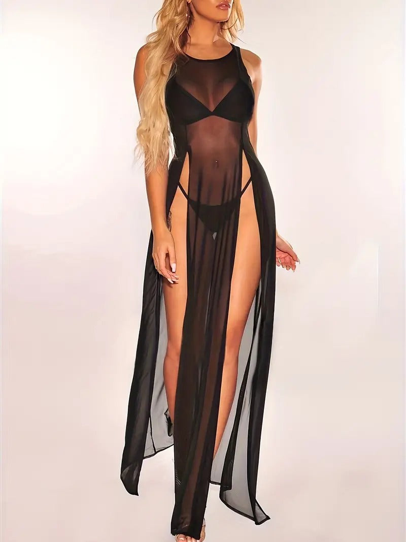 Free Shipping Sexy Mesh Lingerie Set - Round Neck, Sleeveless, Side Split Maxi Tank Dress & Thong, Breathable, Comfortable, See-Through Design, Women's Underwear for Romantic Nights