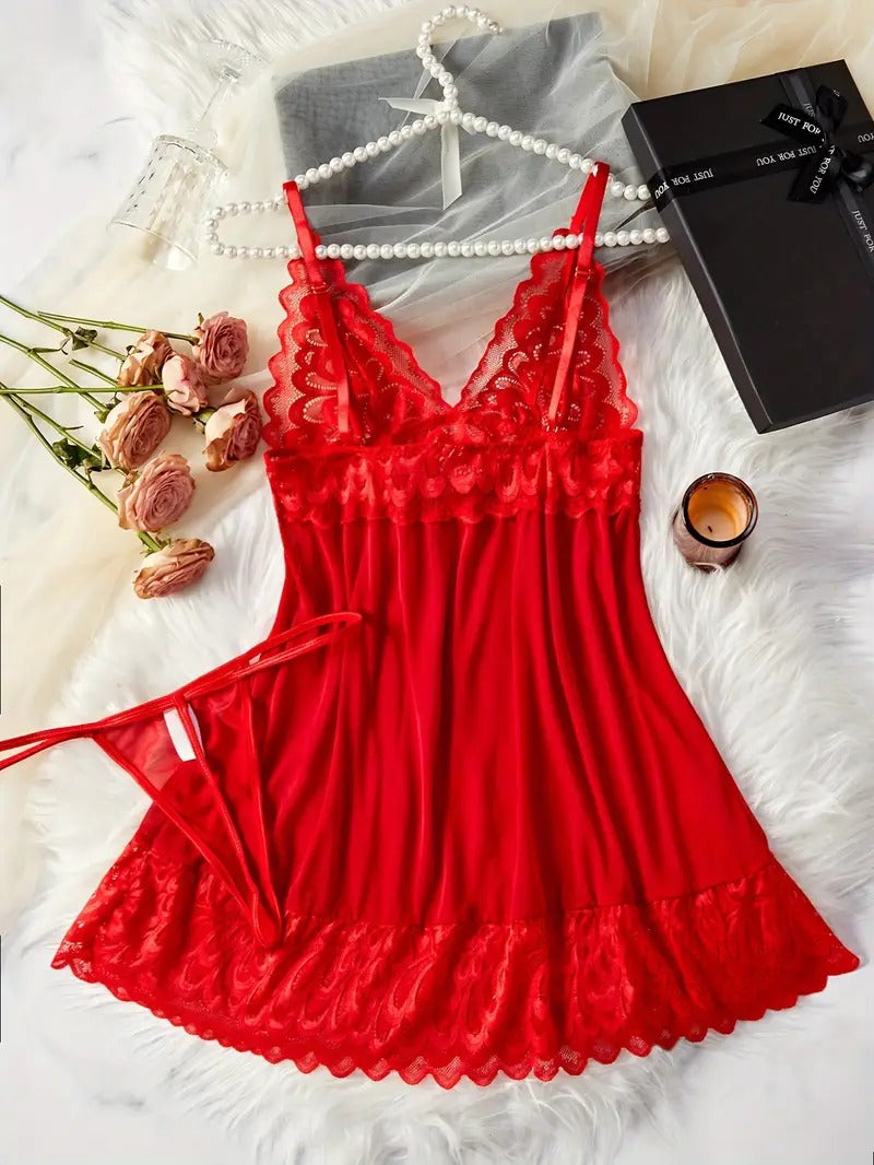 Free Shipping Deep V Spaghetti Straps Backless With Splicing Lace Nightdress And Thongs, Women's Sexy Clothing