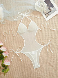 Free Shipping Semi-sheer Lace Up Halter Backless Fashion Design Bodysuit, Women's Sexy Clothing