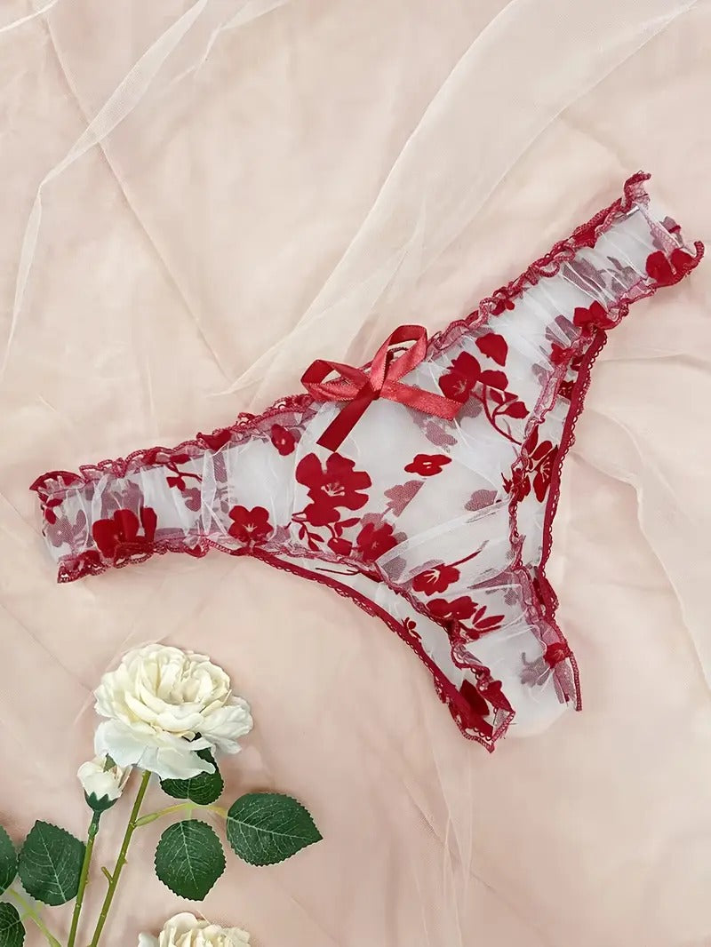 Free Shipping Floral Printed Tulle Sexy Lingerie Set, See-Through Bow Bra, Tempting Thong