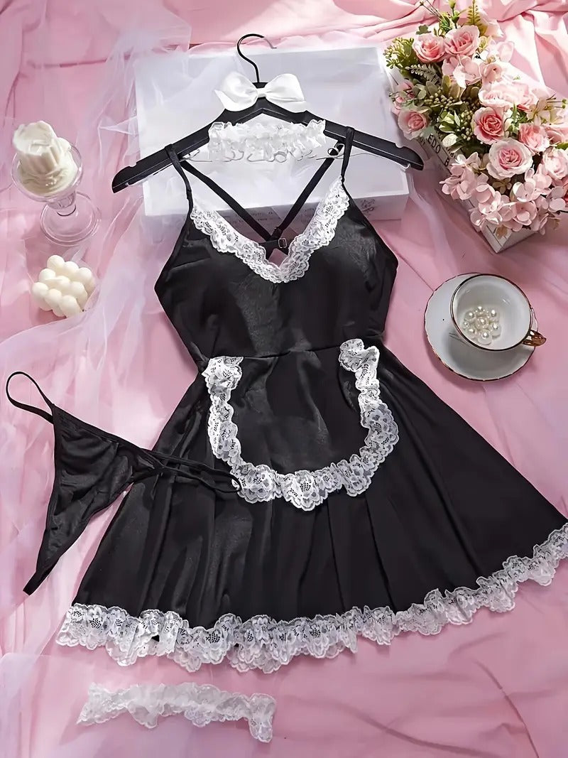 Free Shipping Four-Piece Sexy Maid Uniform Temptation - Erotic Lingerie Set with Leg Rings, Necklace, Underwear