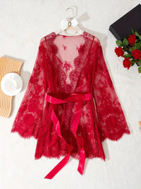 Free Shipping Seductive Red Lace Intimate Lady's Nightgown, Semi Sheer Tie Belt Elegant Long Sleeve Sleep Robe