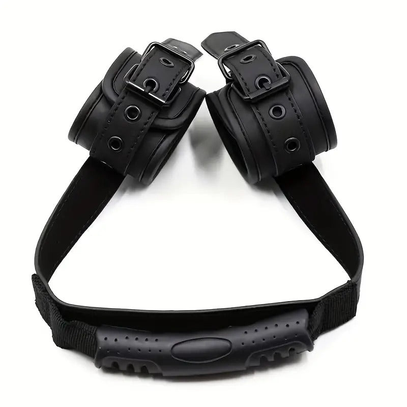 Free Shipping Erotic Handcuffs, Rear Entry Handcuffs, Black Faux Leather Handcuffs with Handle, Handcuffs with Handle, Riding Style Harness Handcuffs, SM Adult Female Handcuffs Sex Products