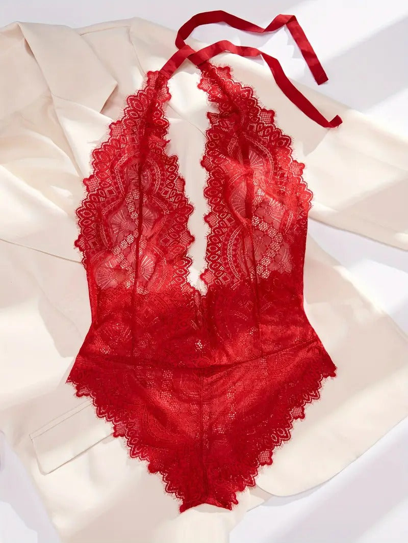 Free Shipping Sensual Elegance Halter Bodysuit: Eyelash Lace, No Padding, Ideal for Special Moments