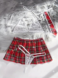 Free Shipping Sexy Floral Lace Preppy Plaid Print Uniform Set - Triangle Halter Bra & Thong & Skirt & Tie - Women'S Lingerie & Underwear