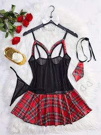 Free Shipping Sexy Colorblock Plaid Print Naughty Cosplay Dress - Open Bust Tie & Thong Women's Lingerie & Underwear for Music Festival