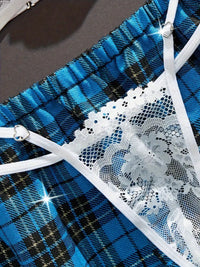 Free Shipping Sexy Floral Lace Preppy Plaid Print Uniform Set - Triangle Halter Bra & Thong & Skirt & Tie - Women'S Lingerie & Underwear