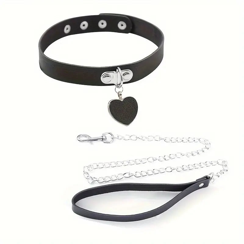 Free Shipping Black Leather Choker with Heart Pendant and Silver Chain - 42cm/16.5inch Circumference, 66cm/26inch Length - Adult Novelty Accessory