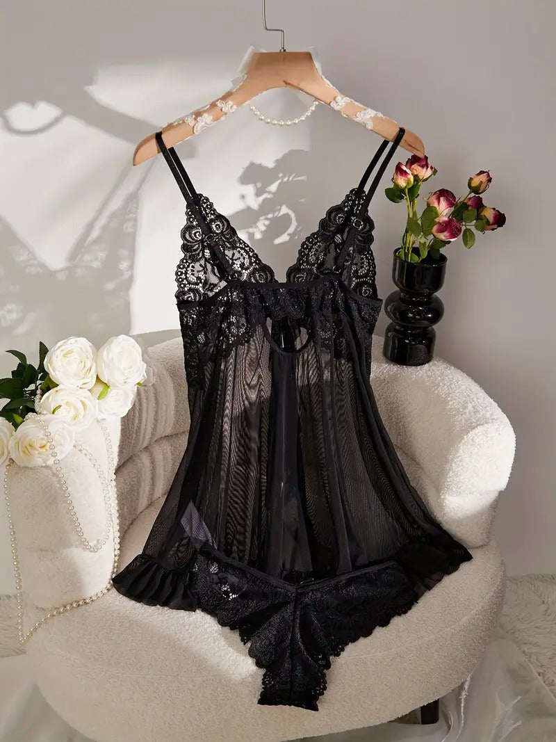 Free Shipping Semi Sheer V Neck Lace Mesh Babydoll - Hot Bow Decor Lingerie Dress - Women's Sexy Lingerie & Underwear