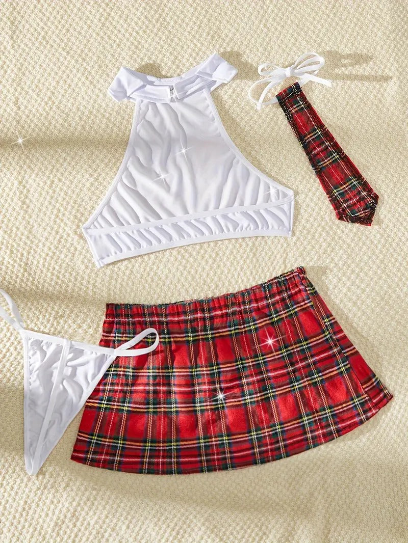 Free Shipping New laid Skirt Sleeves Uniform Lingerie Set, Sleeveless Top & Necktie & Thong & Skirt 4pcs, Women's Role-play Underwear Uniform