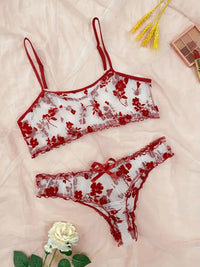 Free Shipping Floral Printed Tulle Sexy Lingerie Set, See-Through Bow Bra, Tempting Thong