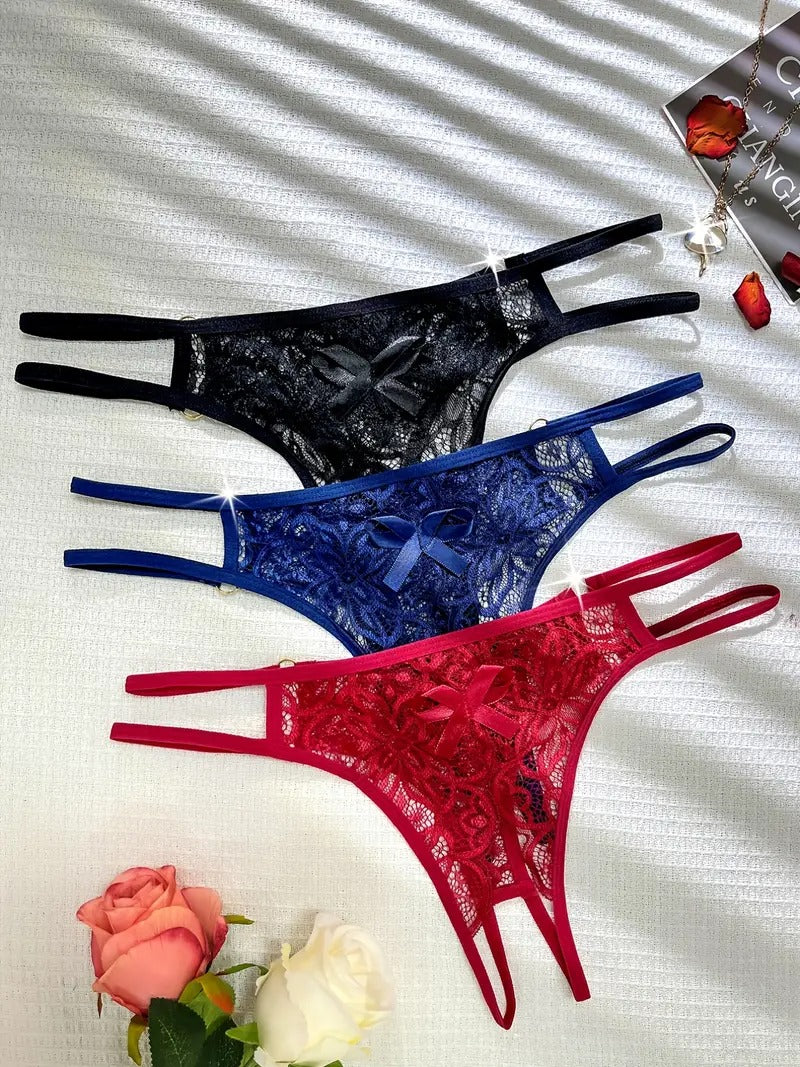 Free Shipping New women sexy lingerie multi-color lace open crotch passion briefs set & hollow bow free temptation women sexy underwear 3pcs sets