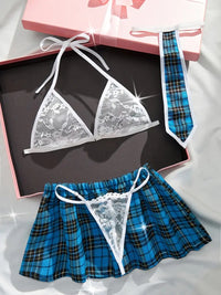 Free Shipping Sexy Floral Lace Preppy Plaid Print Uniform Set - Triangle Halter Bra & Thong & Skirt & Tie - Women'S Lingerie & Underwear