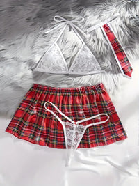 Free Shipping Sexy Floral Lace Preppy Plaid Print Uniform Set - Triangle Halter Bra & Thong & Skirt & Tie - Women'S Lingerie & Underwear