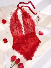 Free Shipping Sensual Elegance Halter Bodysuit: Eyelash Lace, No Padding, Ideal for Special Moments