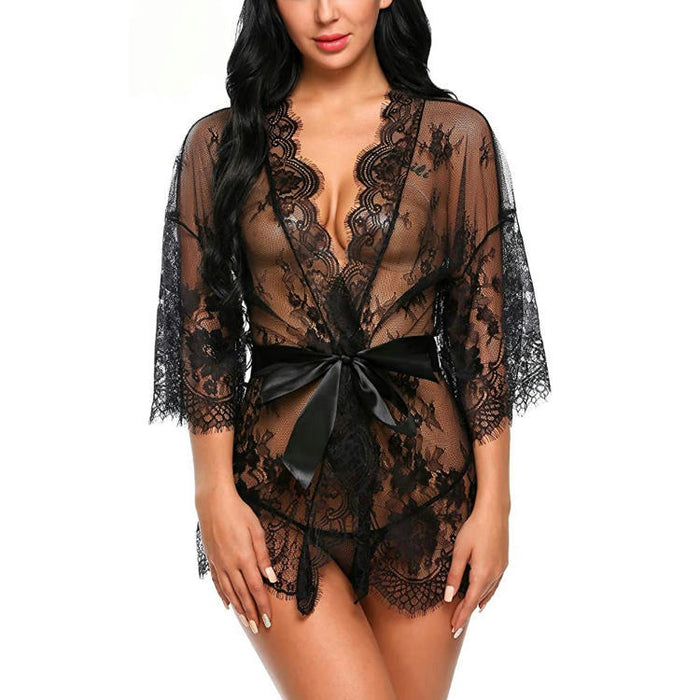 Free Shipping Seductive Red Lace Intimate Lady's Nightgown, Semi Sheer Tie Belt Elegant Long Sleeve Sleep Robe