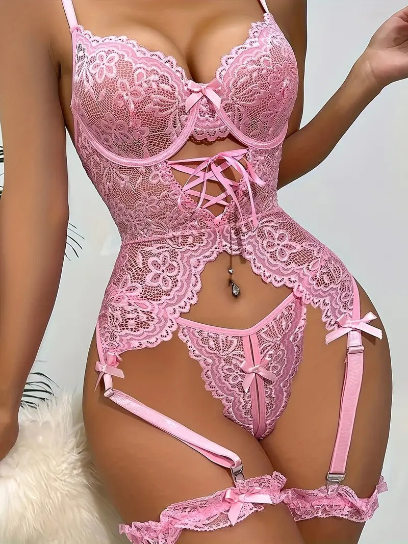 Free Shipping Sexy Underwear Sexy Underwear Lace Splicing Perspective Slim-Fit Sexy Bra Set with Leg Loop Four-Piece Set