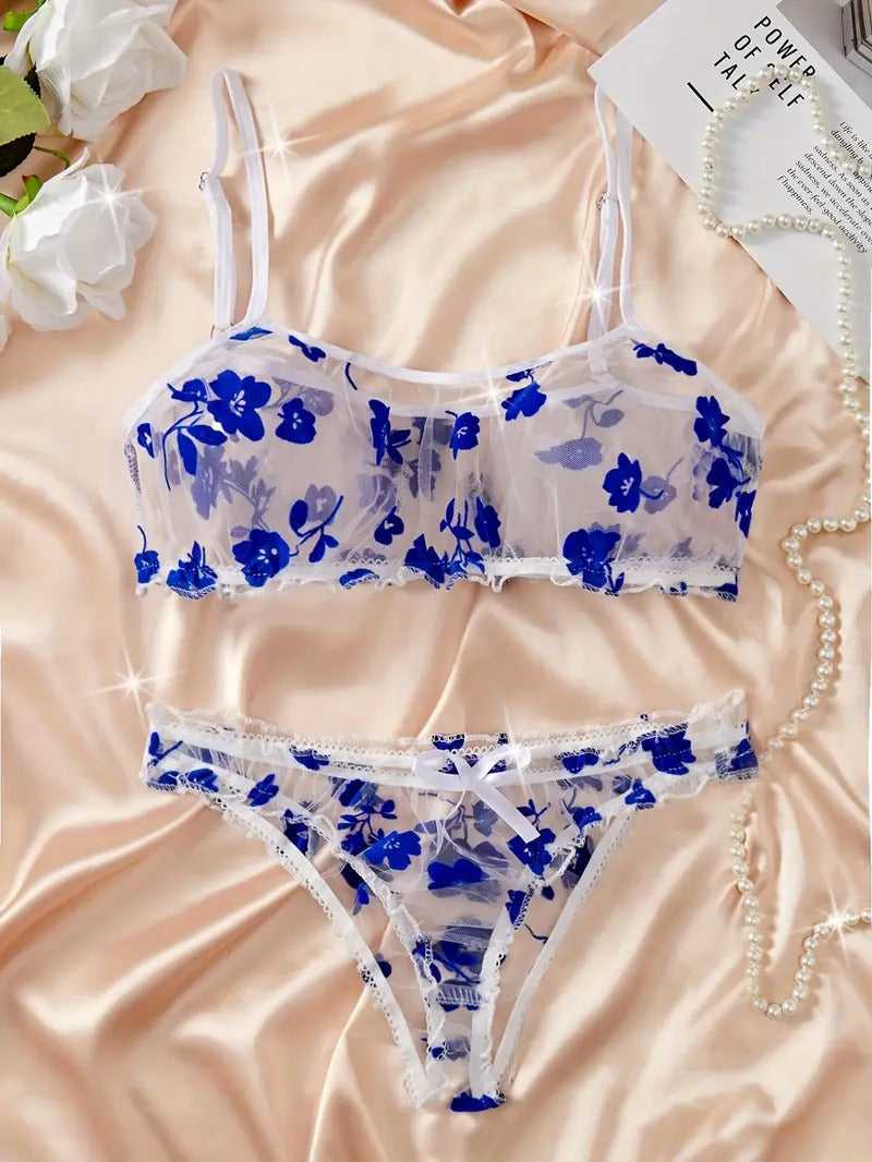 Free Shipping Floral Printed Tulle Sexy Lingerie Set, See-Through Bow Bra, Tempting Thong