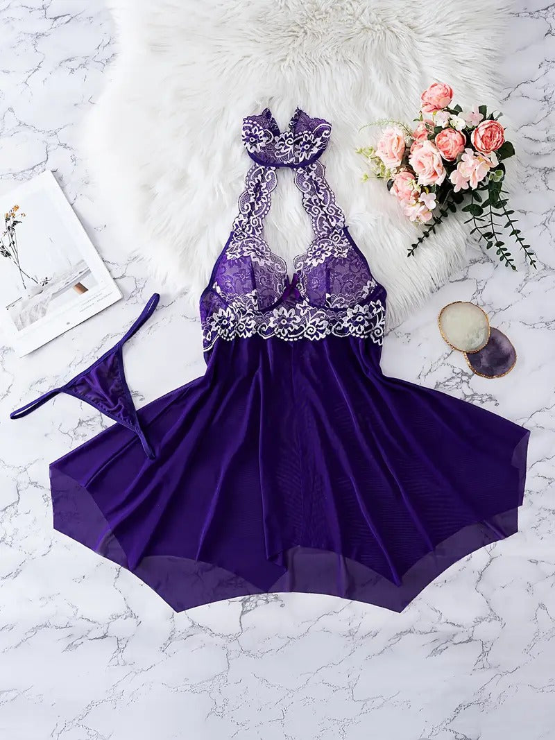 Free Shipping Elegant Lace Halter Top Nightgown and Lingerie Set for Women, Polyester and Elastane Blend, Solid Color with Bow Detail, Knit Fabric Sleepwear Set with No Chest Pad or Belt