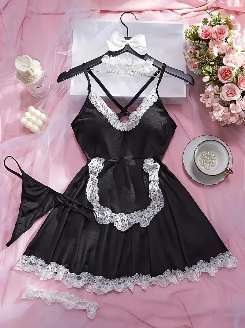 Free Shipping Four-Piece Sexy Maid Uniform Temptation - Erotic Lingerie Set with Leg Rings, Necklace, Underwear