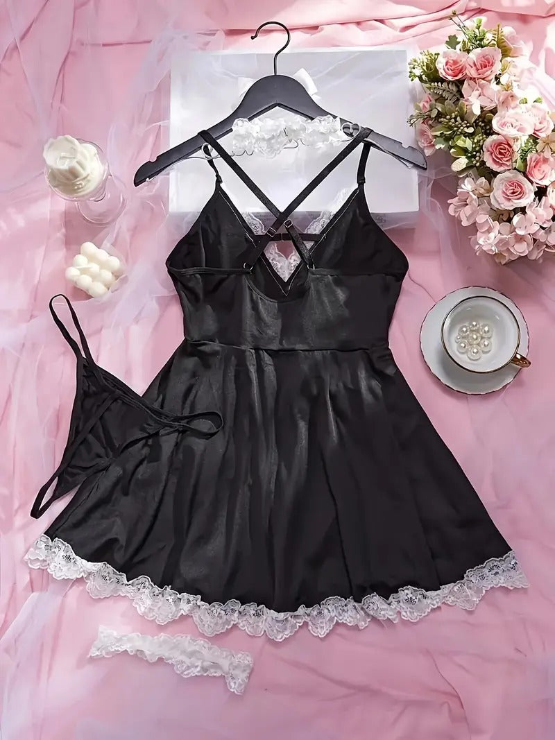 Free Shipping Four-Piece Sexy Maid Uniform Temptation - Erotic Lingerie Set with Leg Rings, Necklace, Underwear