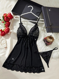 Free Shipping Solid Color Contrast 2pcs Lace Set - Backless Semi-transparent Nightdress & Thong - Women'S Sexy Lingerie & Underwear