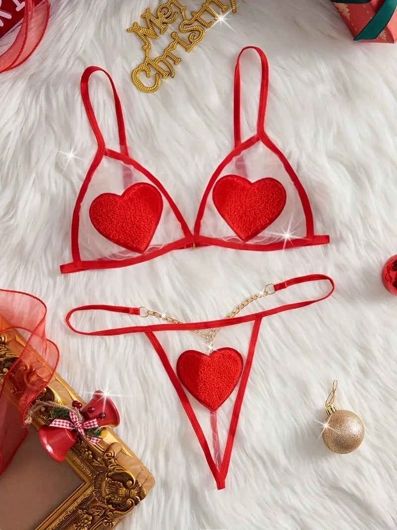 Free Shipping Valentine's Day New Red Love Funny Underwear 2pcs Set Bra Without Lining Low Waist See-through Thong Transparent Mesh Sexy Women's Underwear