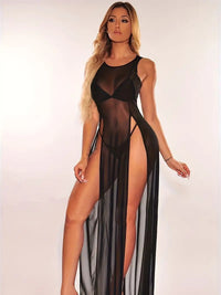 Free Shipping Sexy Mesh Lingerie Set - Round Neck, Sleeveless, Side Split Maxi Tank Dress & Thong, Breathable, Comfortable, See-Through Design, Women's Underwear for Romantic Nights