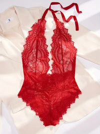 Free Shipping Sensual Elegance Halter Bodysuit: Eyelash Lace, No Padding, Ideal for Special Moments