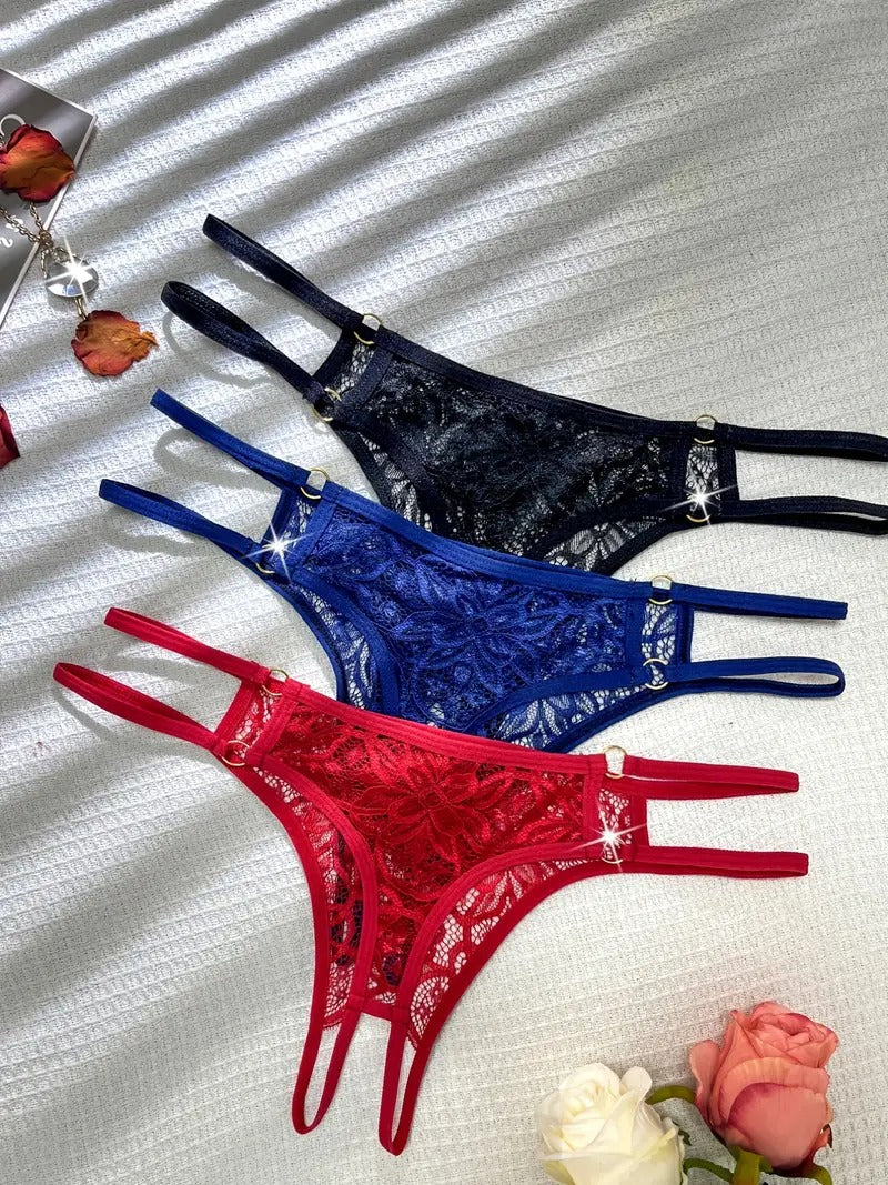 Free Shipping New women sexy lingerie multi-color lace open crotch passion briefs set & hollow bow free temptation women sexy underwear 3pcs sets