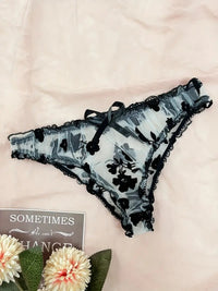 Free Shipping Floral Printed Tulle Sexy Lingerie Set, See-Through Bow Bra, Tempting Thong