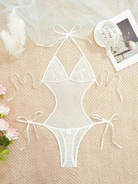 Free Shipping Semi-sheer Lace Up Halter Backless Fashion Design Bodysuit, Women's Sexy Clothing