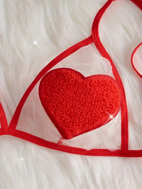 Free Shipping Valentine's Day New Red Love Funny Underwear 2pcs Set Bra Without Lining Low Waist See-through Thong Transparent Mesh Sexy Women's Underwear