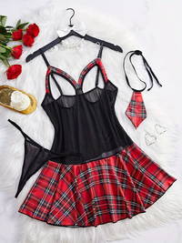 Free Shipping Sexy Colorblock Plaid Print Naughty Cosplay Dress - Open Bust Tie & Thong Women's Lingerie & Underwear for Music Festival